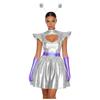 Adult Women Silver Astronaut Costume Alien Tutu Dress Suit Space Cadet Leotards Dress for Halloween Cosplay Theme Party Dress-up