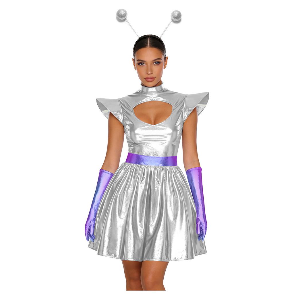 Adult Women Silver Astronaut Costume Alien Tutu Dress Suit Space Cadet Leotards Dress for Halloween Cosplay Theme Party Dress-up