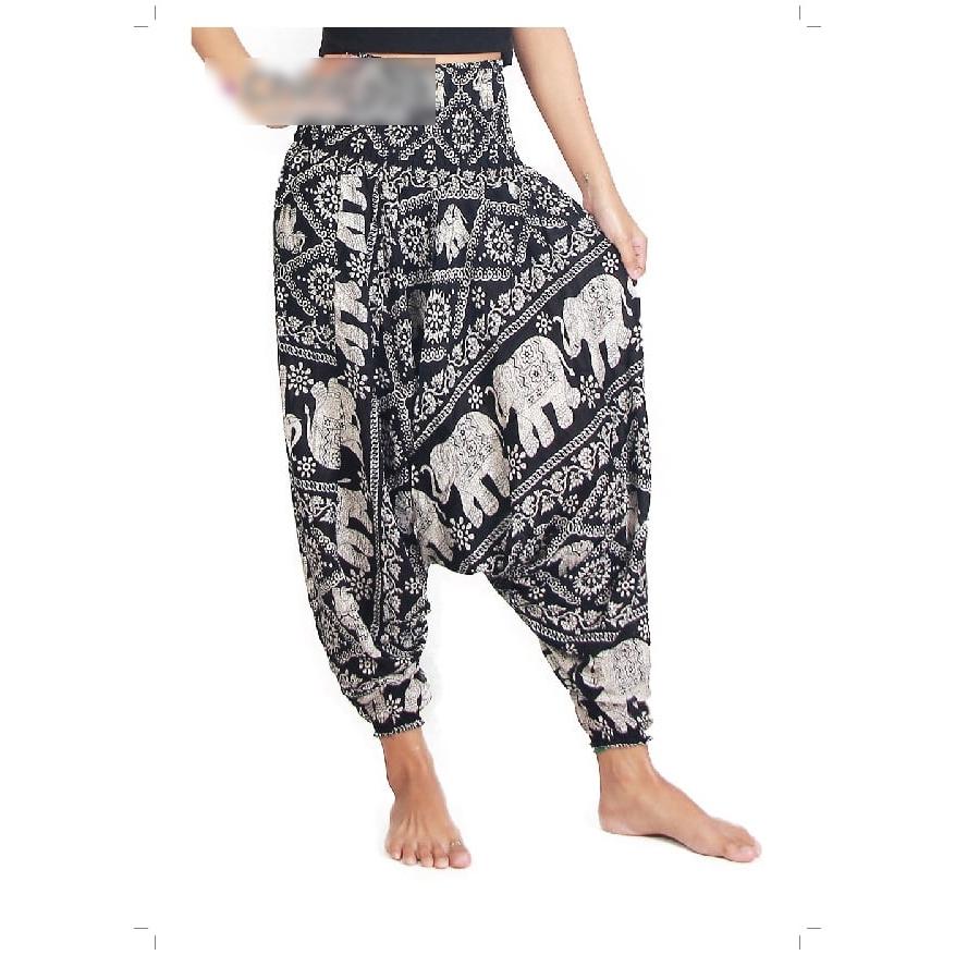 Relaxed Harem Pants, Elephant Print, One Size with Drawstring, Unisex Model. Black