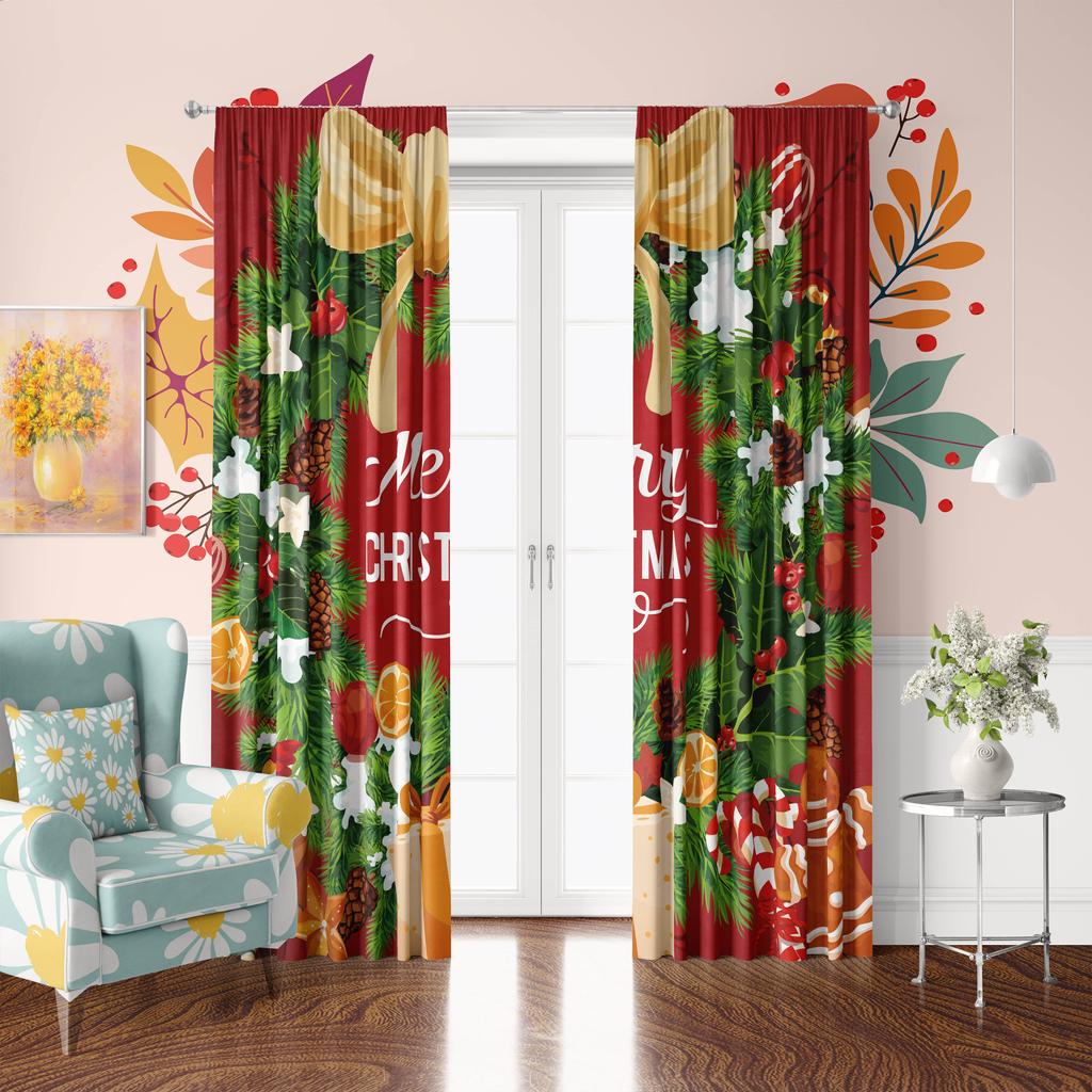 2pcs- Happy Christmas - Printed Curtains, 42*84 Pole Bag Curtains, Bedroom Living Room, Party Room Decoration
