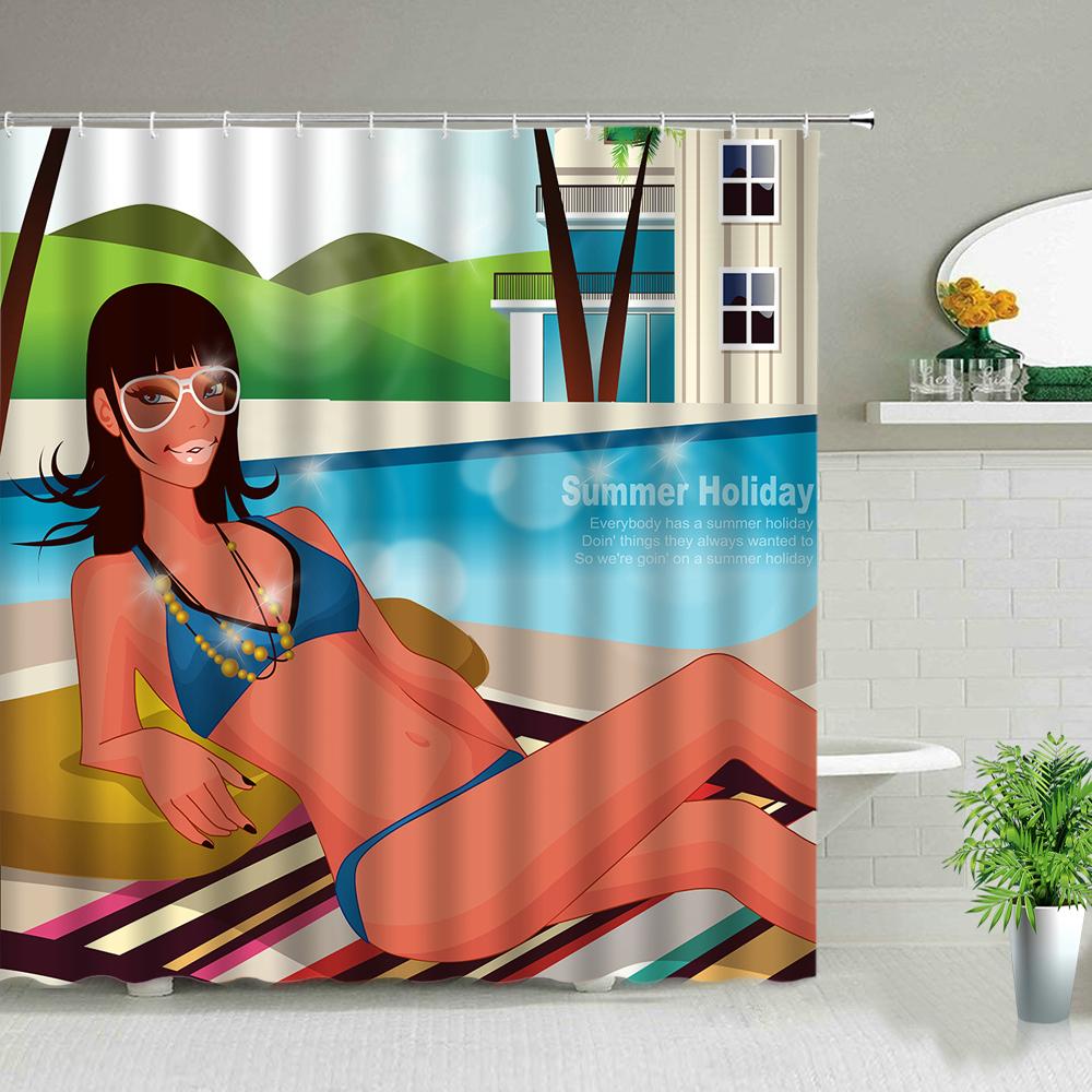 Солнечный свет Пляжная девушка Пальма Доска для серфинга Пейзаж Шторки для душа Сексуальная женщина 3D-принт Шикарная занавеска Декор для ванной комнаты С крючками