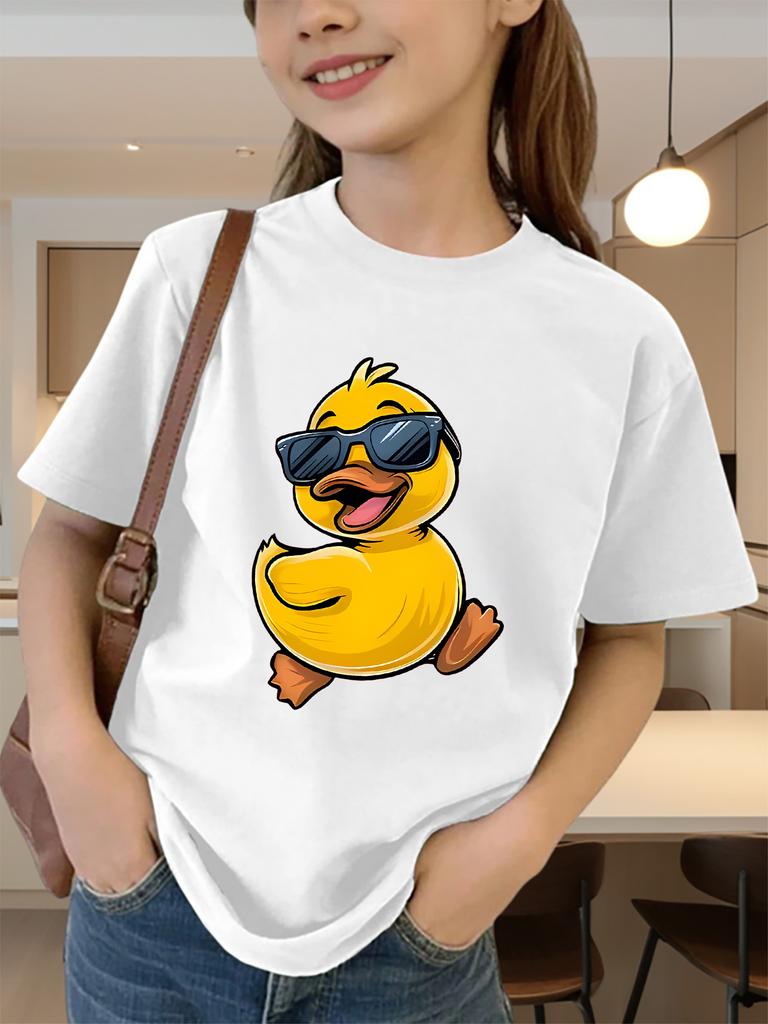 Cool Sunglasses Yellow Duck Print Boys Girls T Shirt Fun Animal Kids Tee Parent Child Matching Casual Summer Family Daily Tops