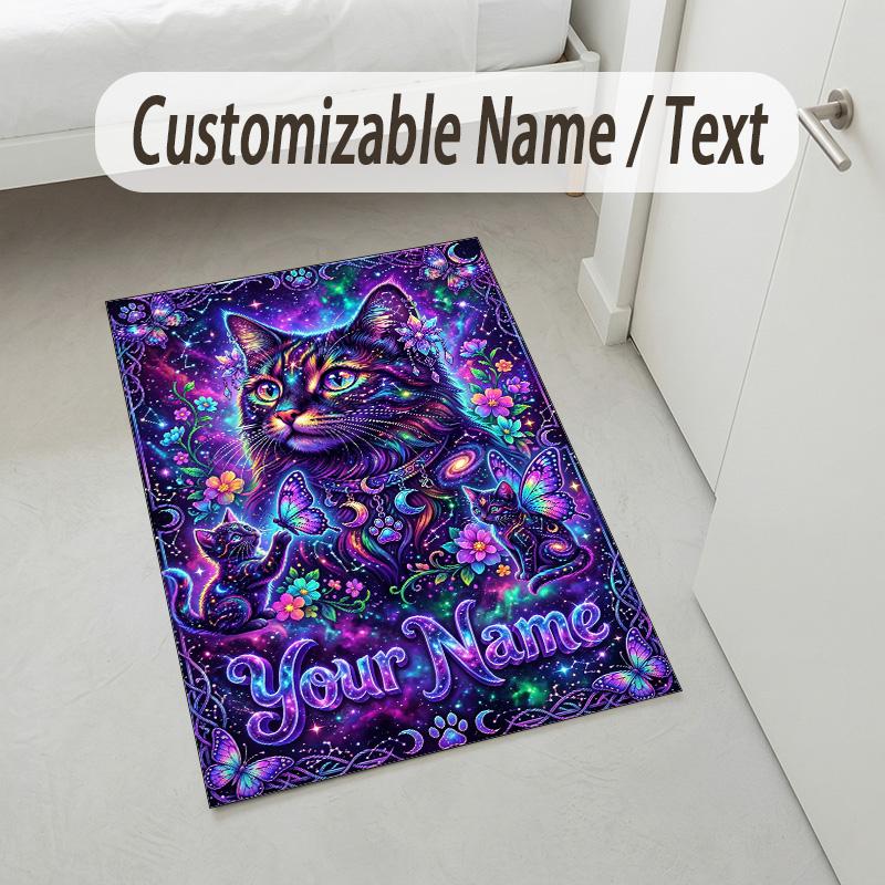 Cat Theme Crystal Velvet Rug Personalized Custom Name Text Soft Floor Mat Home Decor