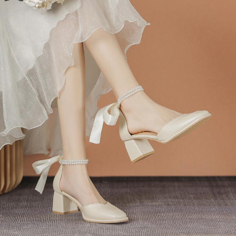 Модные женские туфли-лодочки на высоком каблуке с бантом из ленты сзади, босоножки с жемчужной отделкой на щиколотке 2025, туфли с квадратным носком, женские офисные туфли, Мэри Джейн на танкетке, каблуки