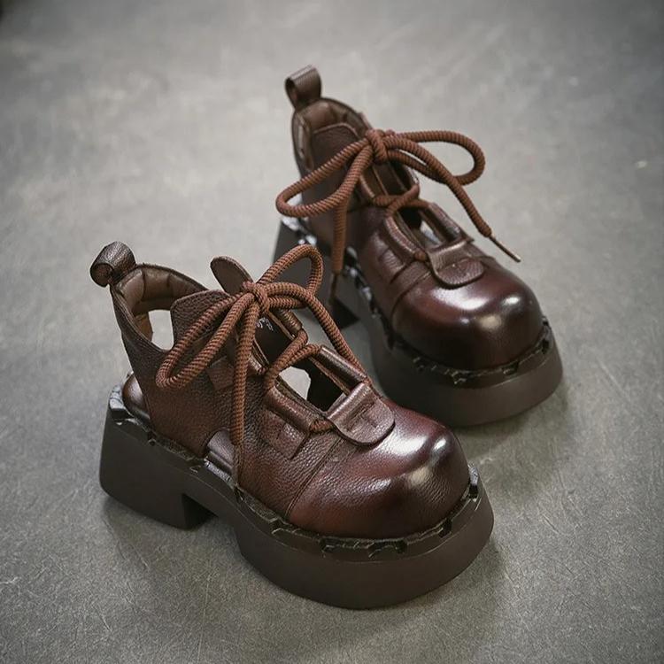 Johnature Ретро Сандалии из Натуральной Кожи с Вырезами Круглый Носок На Шнуровке Толстая Подошва Женская Обувь