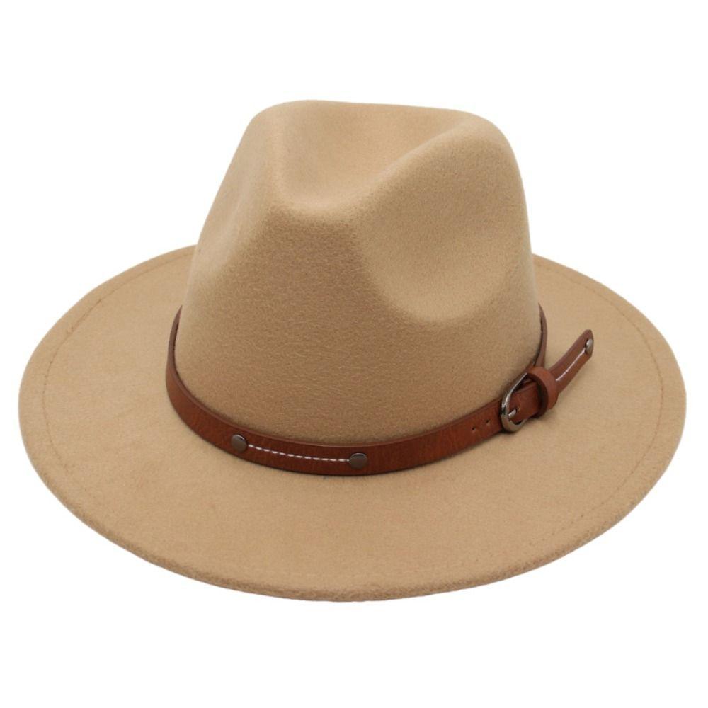 Wide Brim Felt Fedora Hats With Belt Buckle Cowboy Cap Fashion Panama Cap  Men Women