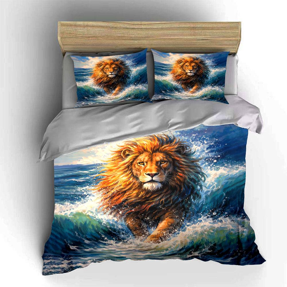 Lion in Ocean Waves Artwork Bedding Duvet Cover Set Duvet Cover Pillowcases  (1*Duvet Cover 2*Pillowcases, without duvet insert)