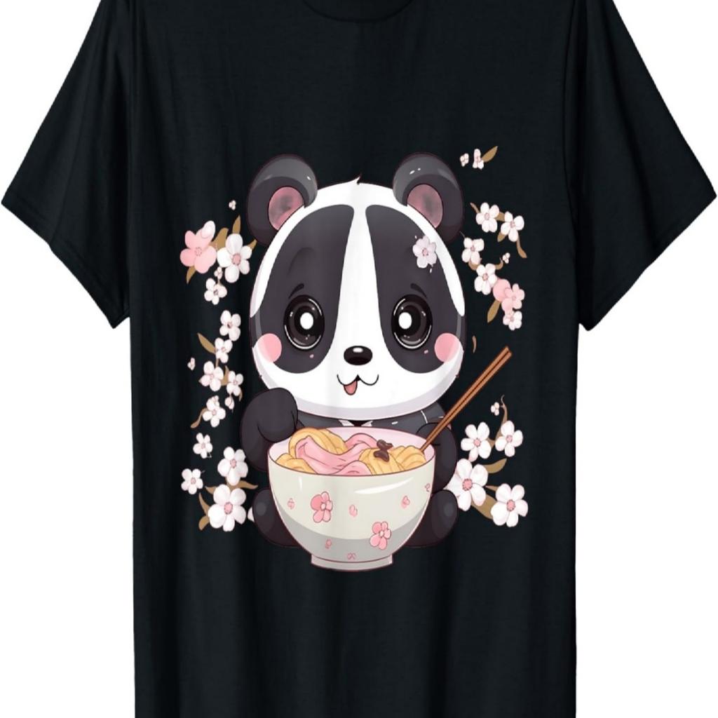 Otaku Kawaii Anime Panda Eat Ramen Noodles Cherry Blossom T-Shirt(7)
