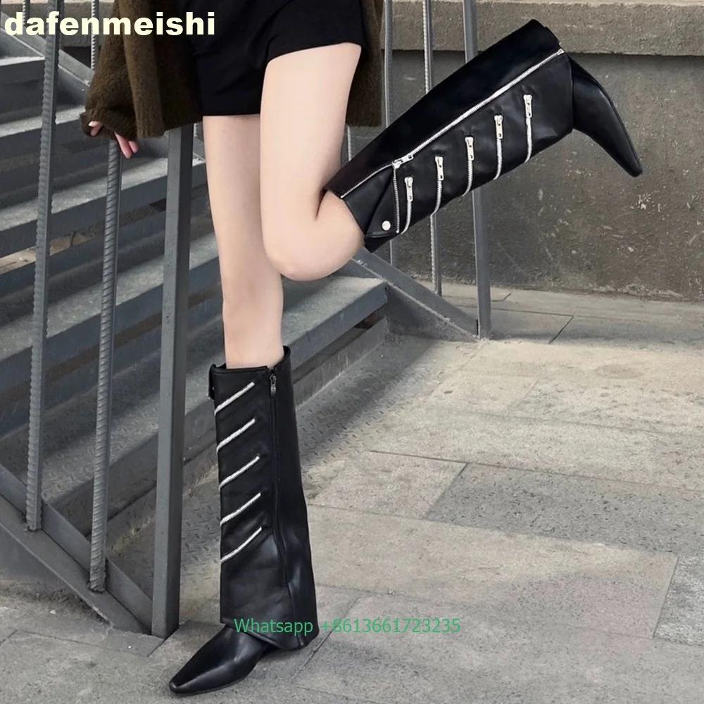 Ботильоны-акулы с острым носком и молнией Женские 2025 Лето Новые Длинные сапоги на боковой молнии 6,5 см Танкетка Черные кожаные сапоги до колена