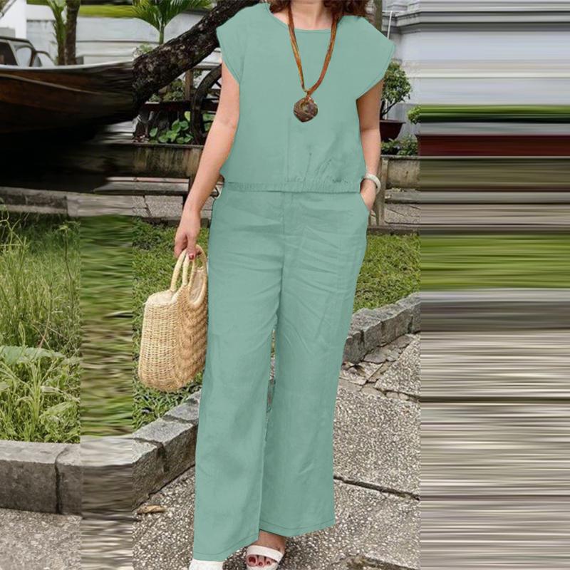 ZANZEA Женский летний комплект из двух частей: блузка с коротким рукавом и брюки