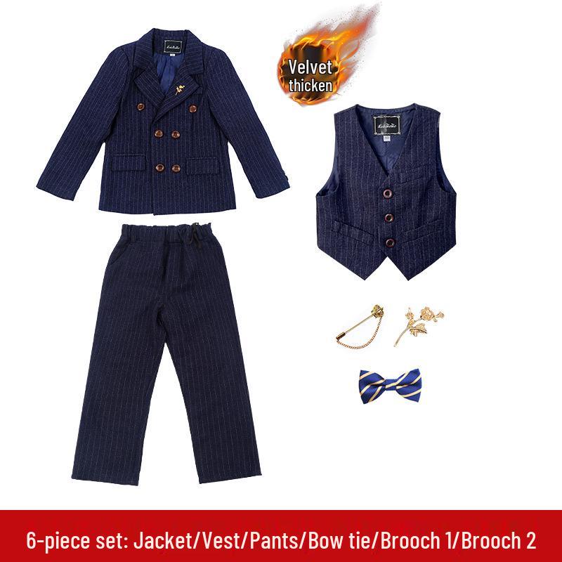 British Style Double-Breasted Boys' Three-Piece Striped Suit Set for Spring and Autumn