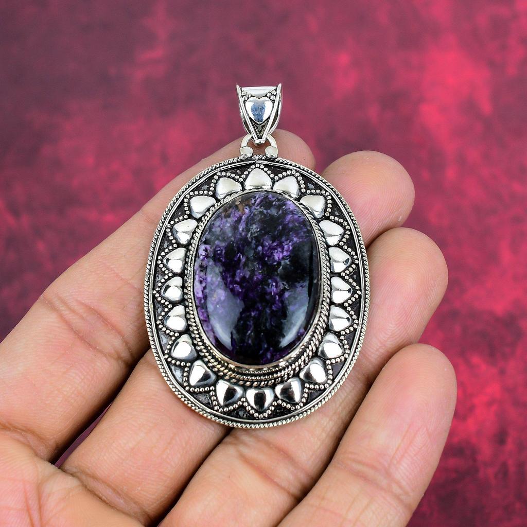 Подвеска из драгоценного камня чароит ручной работы, 925 пробы, серебряная подвеска, антикварная бижутерия, для подарка на помолвку