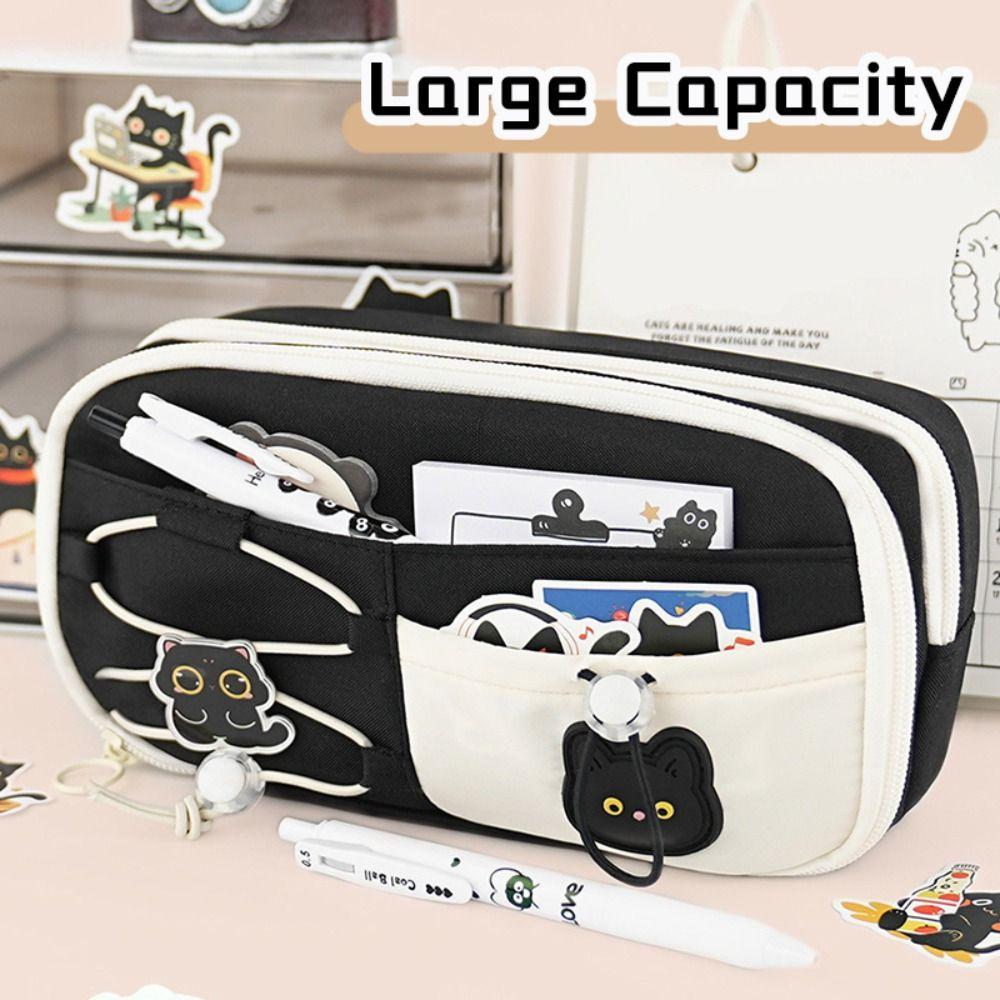 Black Cat Pen Bag Multi-layer Stationery Bag Cartoon Stationery Organizer Student Gift