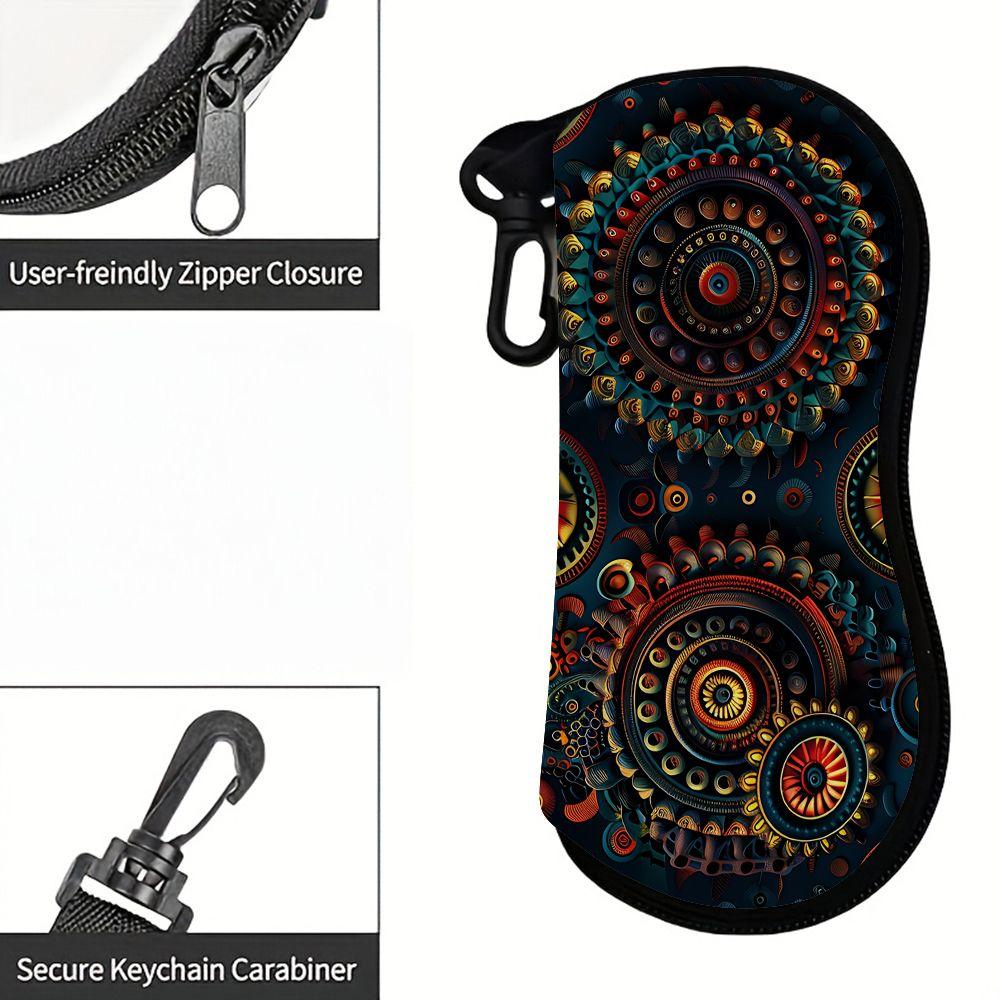 2D-Abstract Geometric Mandala Print Protective Sunglasses Case, Vintage Bohemian Style Eyeglasses Holder, Portable Travel Eyewear Pouch for Women Men