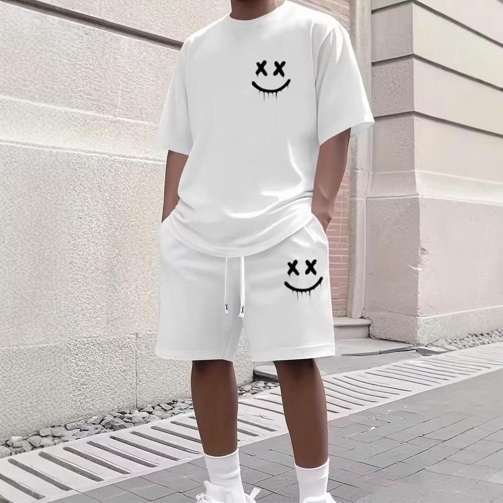 Smiley Face Print 2026 Short-Sleeve Tee & Shorts Set - Sports/Casual