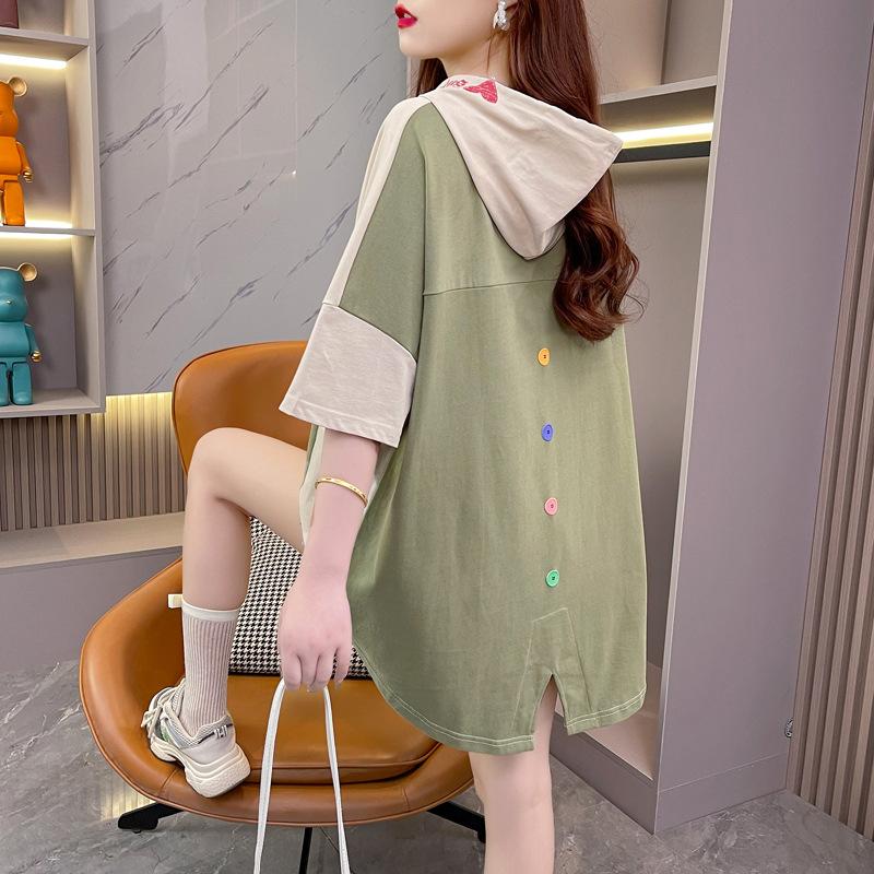 Женская футболка с капюшоном и контрастной задней панелью, летняя, свободная, длинная