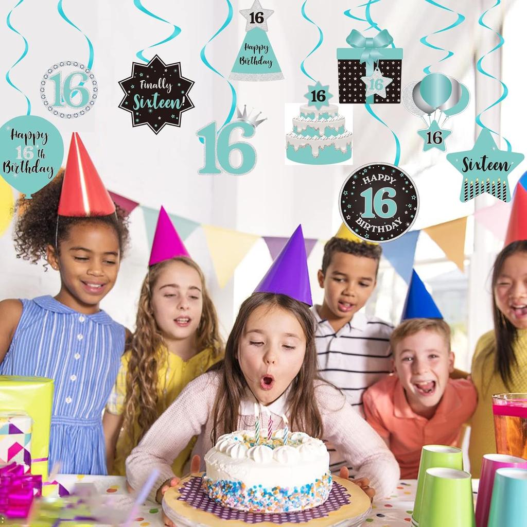 Happy 16th Birthday Party Hanging Swirls Streams Ceiling Decorations, Celebration Sweet 16 Foil Hanging Swirls with Cutouts for 16 Years Teal Silver