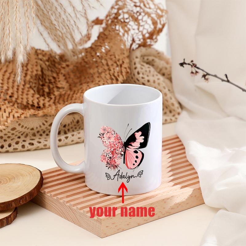 Retro Butterfly Personalized Name Ceramic Cup with Handle White Mug Reusable Drink Coffee Cup Wedding Birthday Party Custom Gift