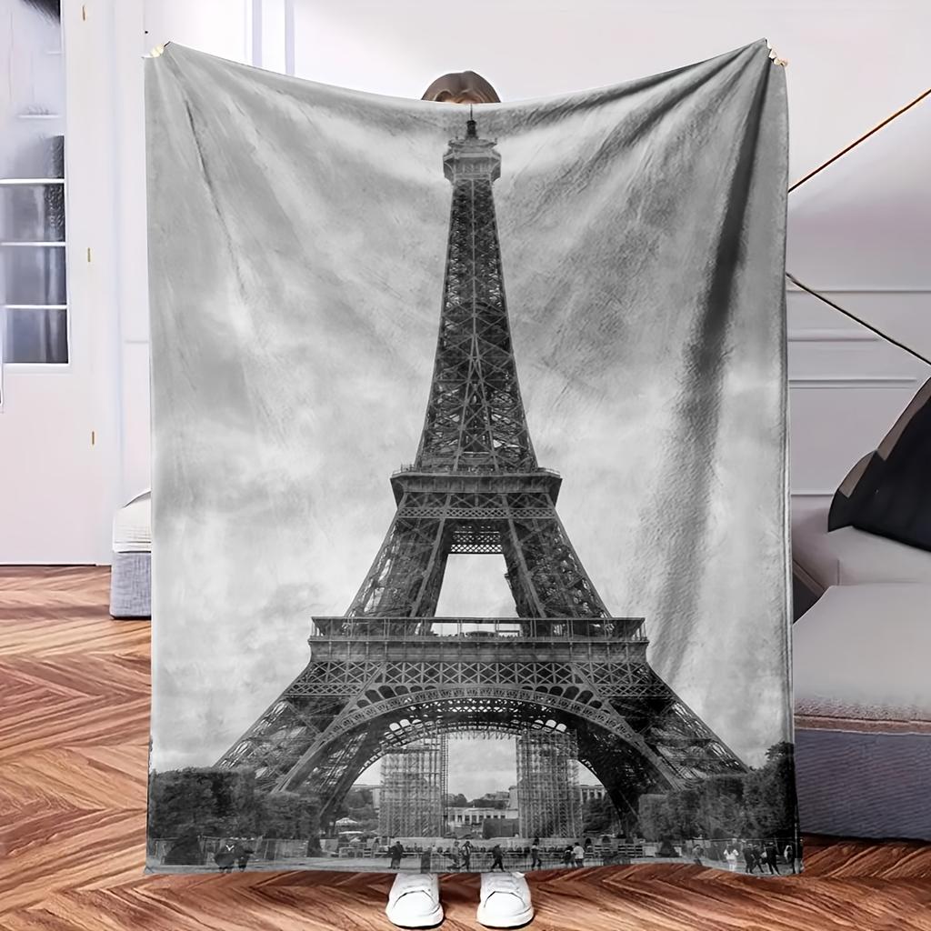 Black And White Photograph of Eiffel Tower in Paris - Themed Blanket - Comfortable Flannel Fabric Hypoallergenic Suitable for All