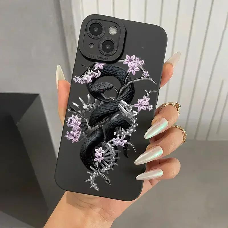 Черный змеиный графический чехол для телефона для iPhone 11 12 13 14 15 Pro Max X XS Max XR 8 7 Plus SE2020 Mini Ударопрочный мягкий силиконовый чехол