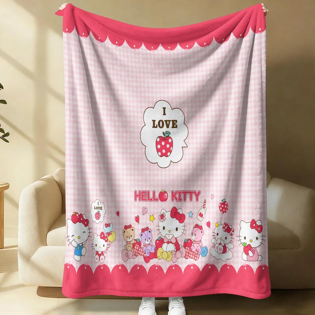 Sanrio Lovely Hello Kitty Plush Flannel Blanket Blue & White Stripe Lightweight Throw Bed Sofa Cover School Office Nap Shawl