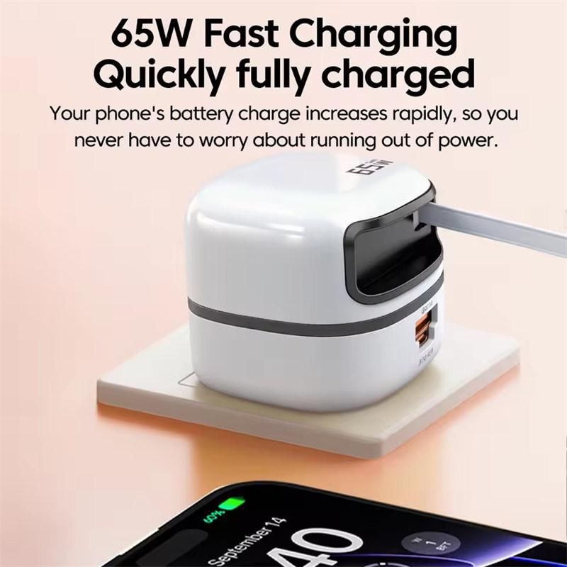 Зарядное устройство для телефона USB Type C 65 Вт Универсальный дорожный адаптер Выдвижной кабель USB C для быстрой зарядки для iPhone 16 Samsung Ноутбук