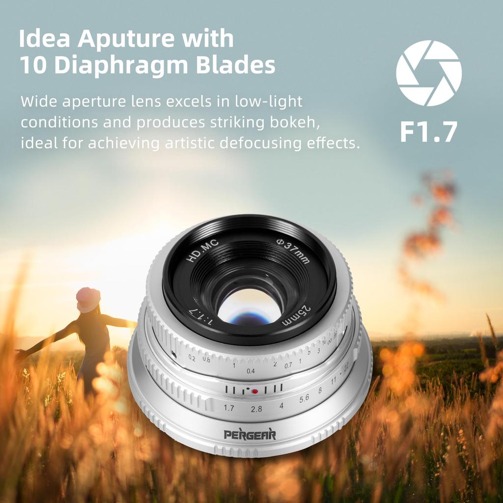 Pergear 25mm Large Aperture Manual Camera Compact and Ideal for Everyday Street and Landscapes F1.7 APS-C Lens, Lightweight, Photography, Portraits,