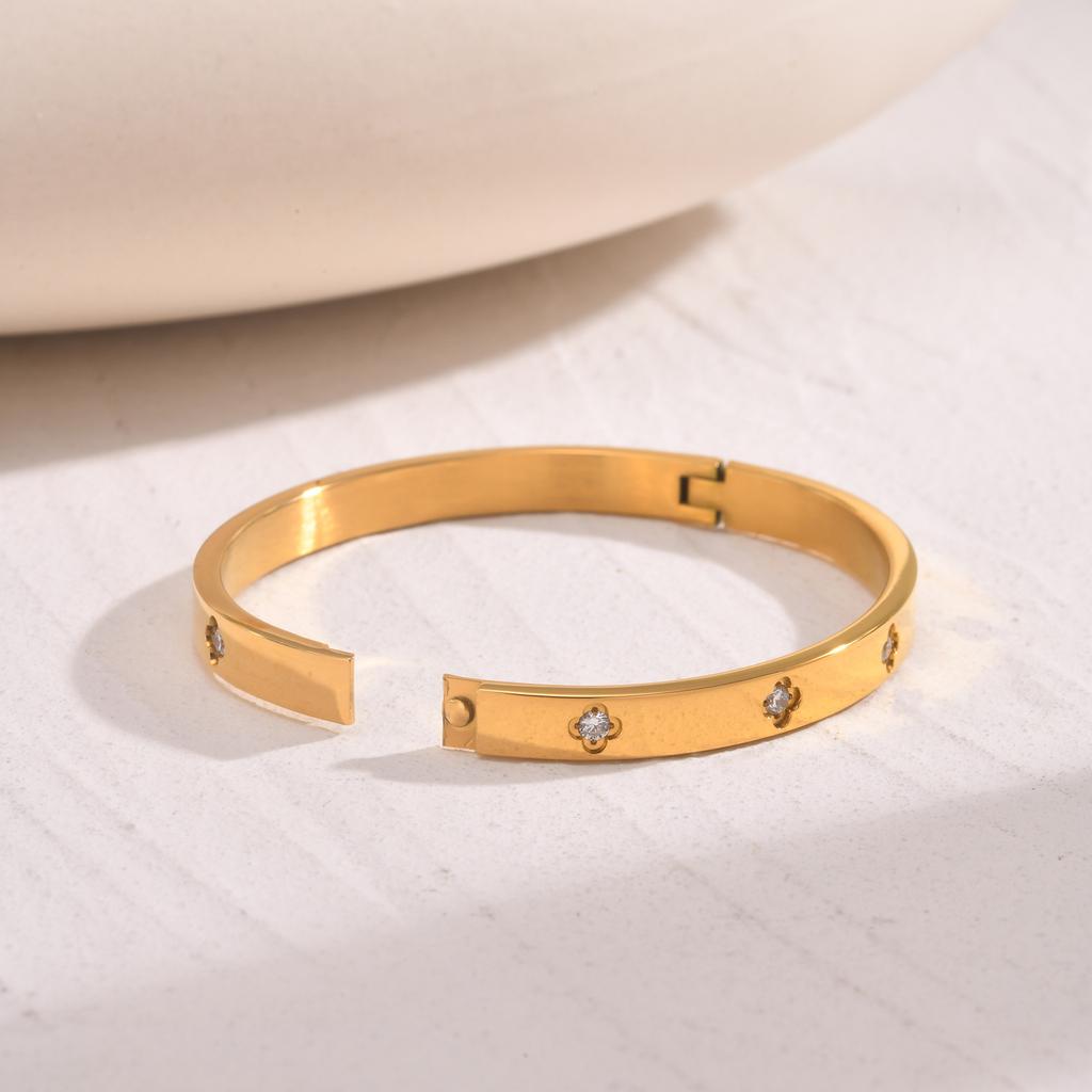 Stainless Steel Bangle, 18K Gold Plated Love Friendship Bracelet, Cubic Zirconia Inlay, Layered Jewelry