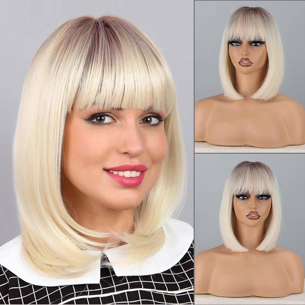 MERISIHAIR Women Short Straight Brown Bob Wig with Bangs Synthetic Fiber Natural Straight Shoulder Length Wig Daily Wear