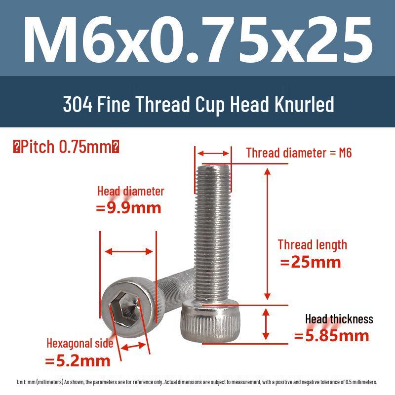 Yigu Fine Thread Knurled Socket Head Screws, 304 Stainless Steel, M3-M12