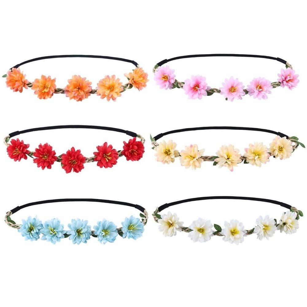 Hand Woven Floral Wreath Crown Adjustable Ribbon Bohemia Garland Headpiece for Photography Props