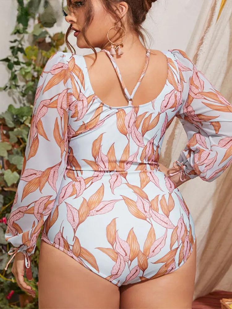2025 Print Long Sleeve Plus Size Swimwear Women Hollow Push Up Large One Piece Swimsuit Summer Beach Big Bathing Suit