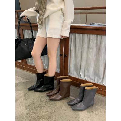 Модные ботильоны с квадратным носком, на танкетке, на одной педали, с коротким голенищем, широкие, женские, универсальные, однотонные, в стиле ретро, британском стиле, из коровьей кожи, модные