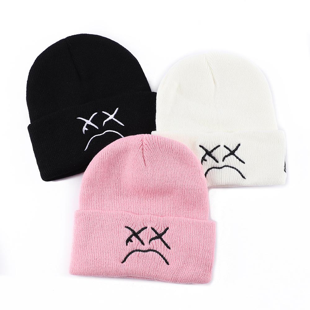 Europe & America Embroidered Knit Beanie - Crying Face Design, Autumn/Winter Ear Protection, Warm, Versatile Pullover Hat with Street Style