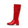 Red Black Women Knee High Boots Round Toe Mid Chunky Heels Small Big Size 32 46