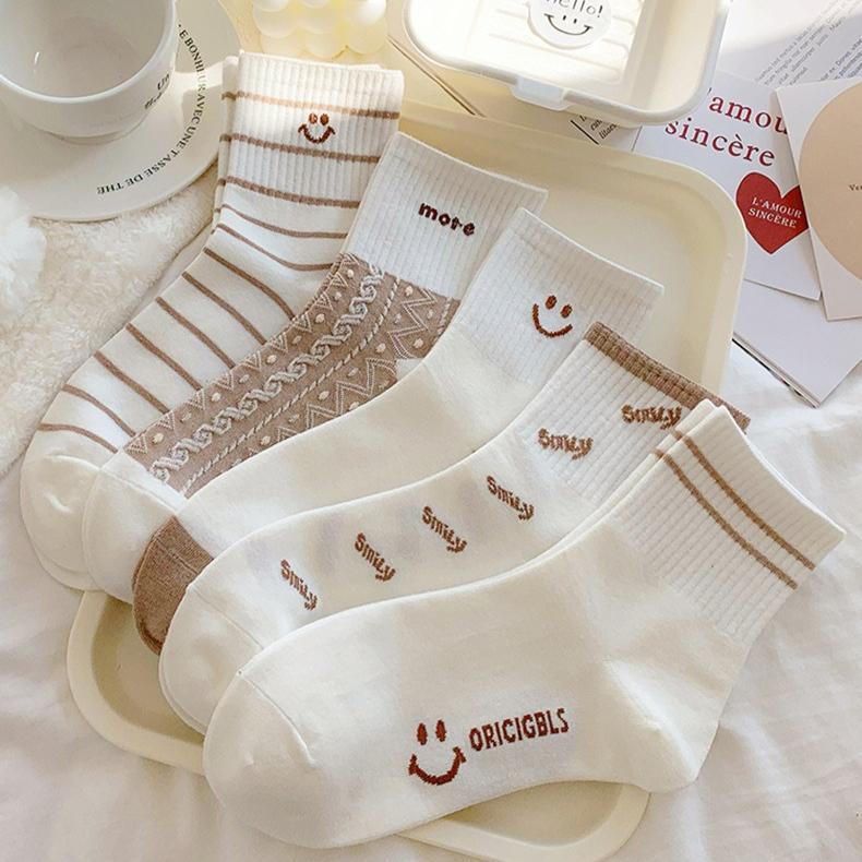 5 Pairs Socks Women's Spring and Summer Tube Socks Cute Cartoon Breathable Sports Stockings