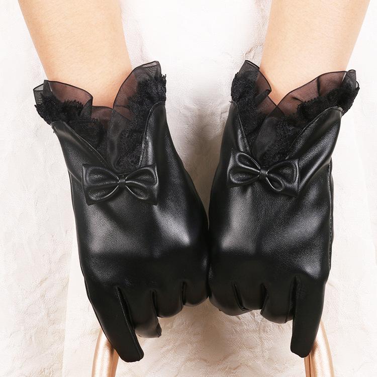 Winter Warm Gloves for Women's New PU Leather Lace Bow Winter Plus Velvet Thickened Touch Screen Gloves