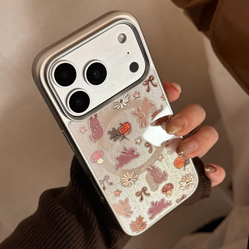Silver-edged gilded bunny iPhone 17 Pro Max phone case with magnetic stand for iPhone 16, compatible with Huawei P70