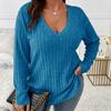 Autumn and Winter Solid Color Plus Size Women's Top V-Neck Long Sleeve Pit Sanding T-Shirt Loose Pullover