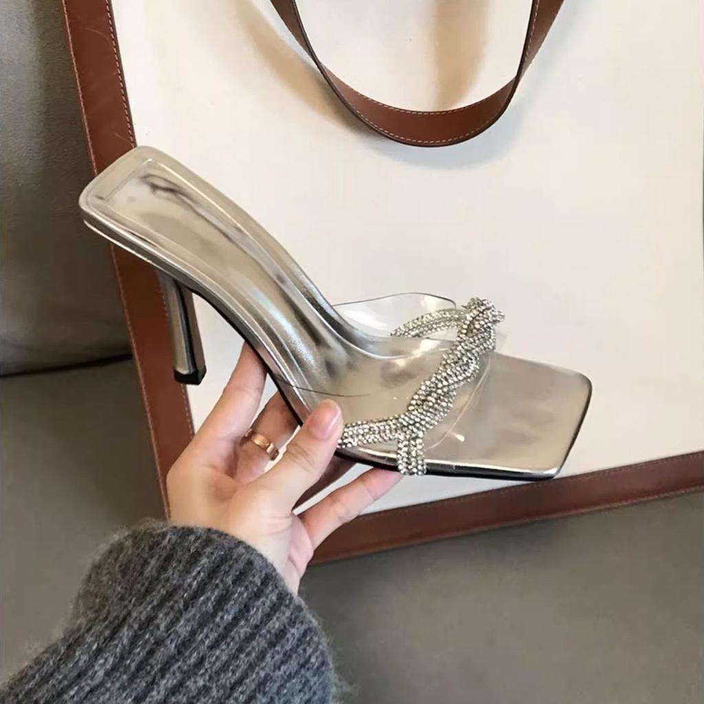 Интернет-знаменитость французские стразы тонкий каблук квадратный носок туфли на высоком каблуке серебристые шлепанцы женские лето 2025 новая сенсация