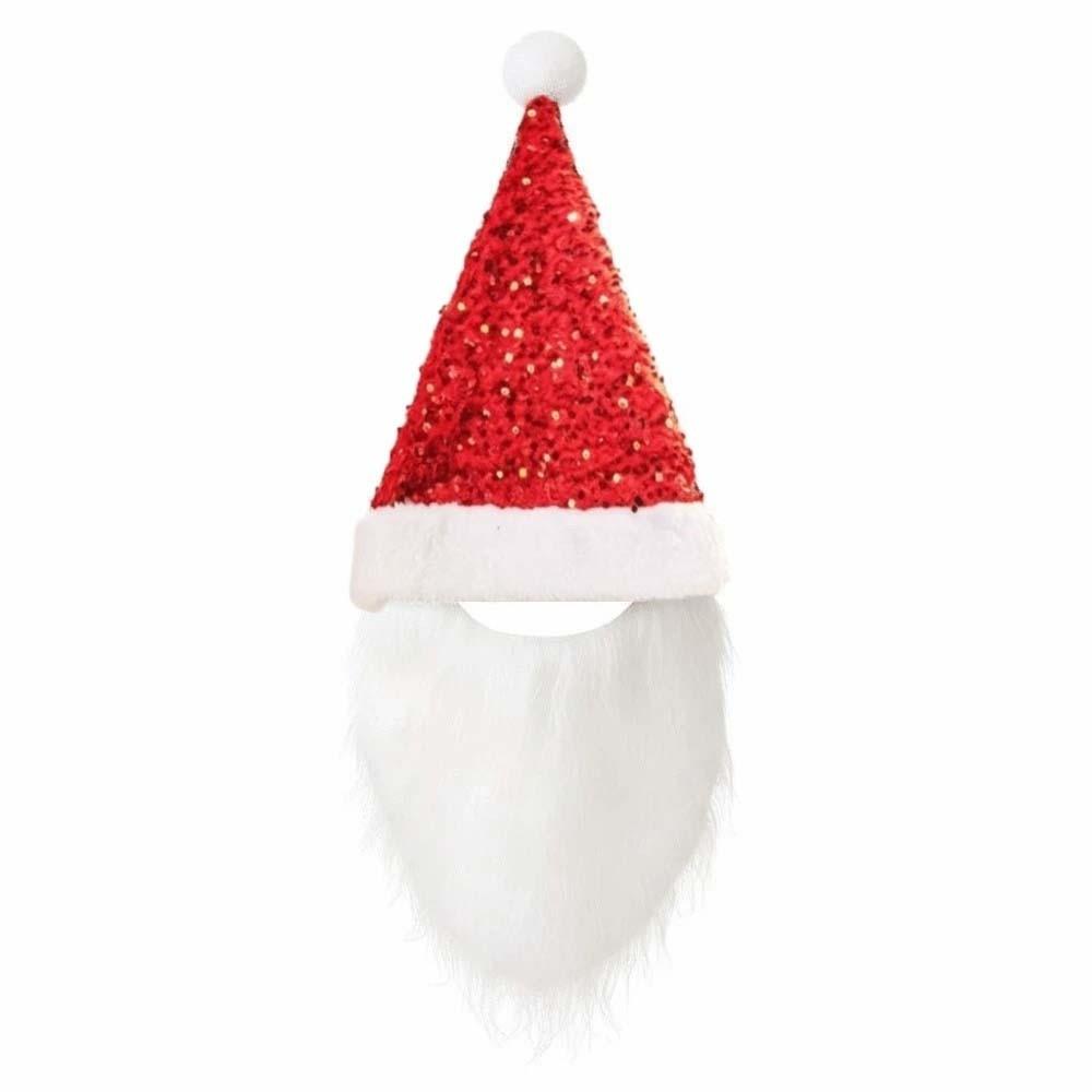 Cute Sequin Christmas Santa Hat Long Plush Beard Costume Hat Festive Party Cap School Event