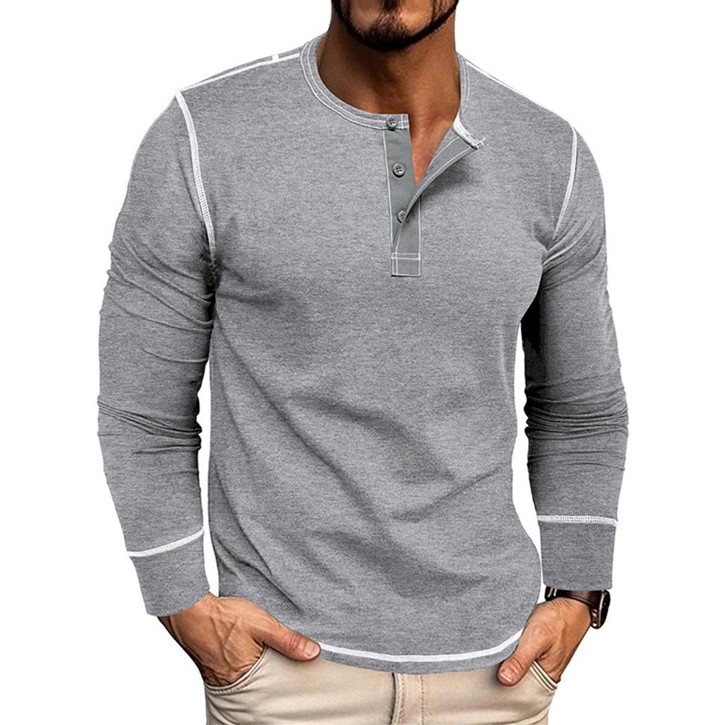Men's Long Sleeve Shirt Men's Round Neck Button T-Shirt Color Block Top