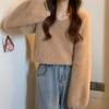 Winter Women's Clothing Knitted Sweater Soft Sticky V-neck Pullover Top Long Sleeve O Neck Loose Mink Fur Pullovers