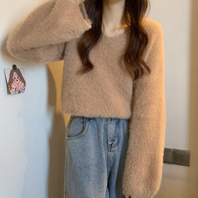 Winter Women's Clothing Knitted Sweater Soft Sticky V-neck Pullover Top Long Sleeve O Neck Loose Mink Fur Pullovers