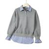 Women Fake Two-Piece Sweatshirt Loose Polo Neck Casual Top Slimming Striped Splicing Tops Spring Fall
