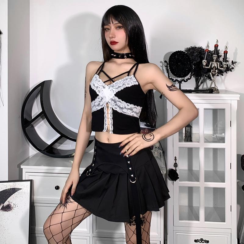 Готическая фея гранж кружева ажурные топы эстетичные сексуальные черные бретельки спагетти укороченные топы с открытой спиной Y2K уличная одежда панк топы