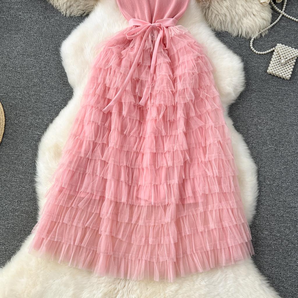 Nomikuma French Women Sweet Mesh Cake Dress Tie Up Waist Slimming Mid Length Elegant Long Cake Dresses 2024 Summer New Vestidos