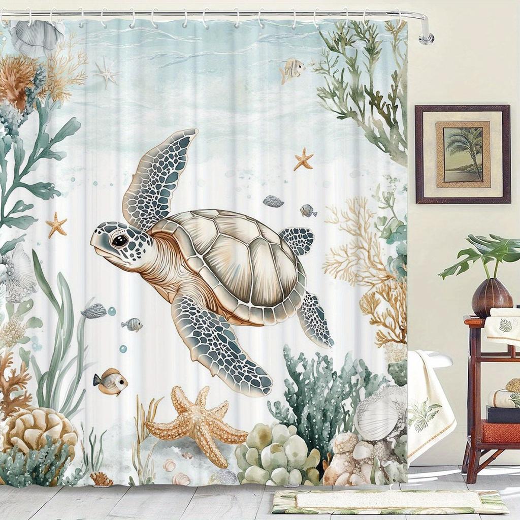Sea Turtle Pattern Shower Curtain With 12 Hooks For Room, Home, Hotel, Laundry Washable Bathroom One Piece