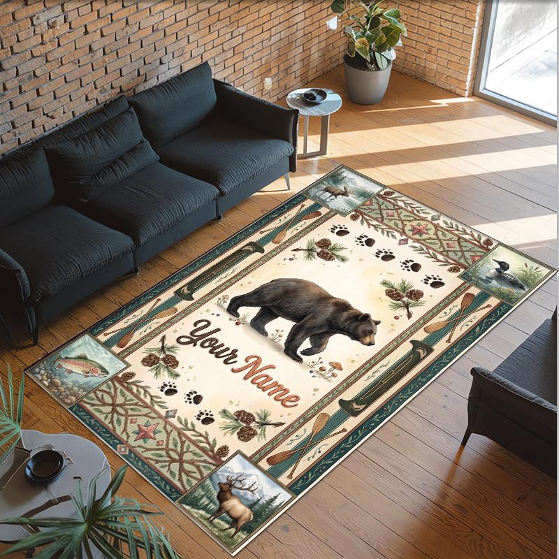 Teddy Bear Theme Crystal Velvet Rug Personalized Custom Name Text Soft Floor Mat Home Decor