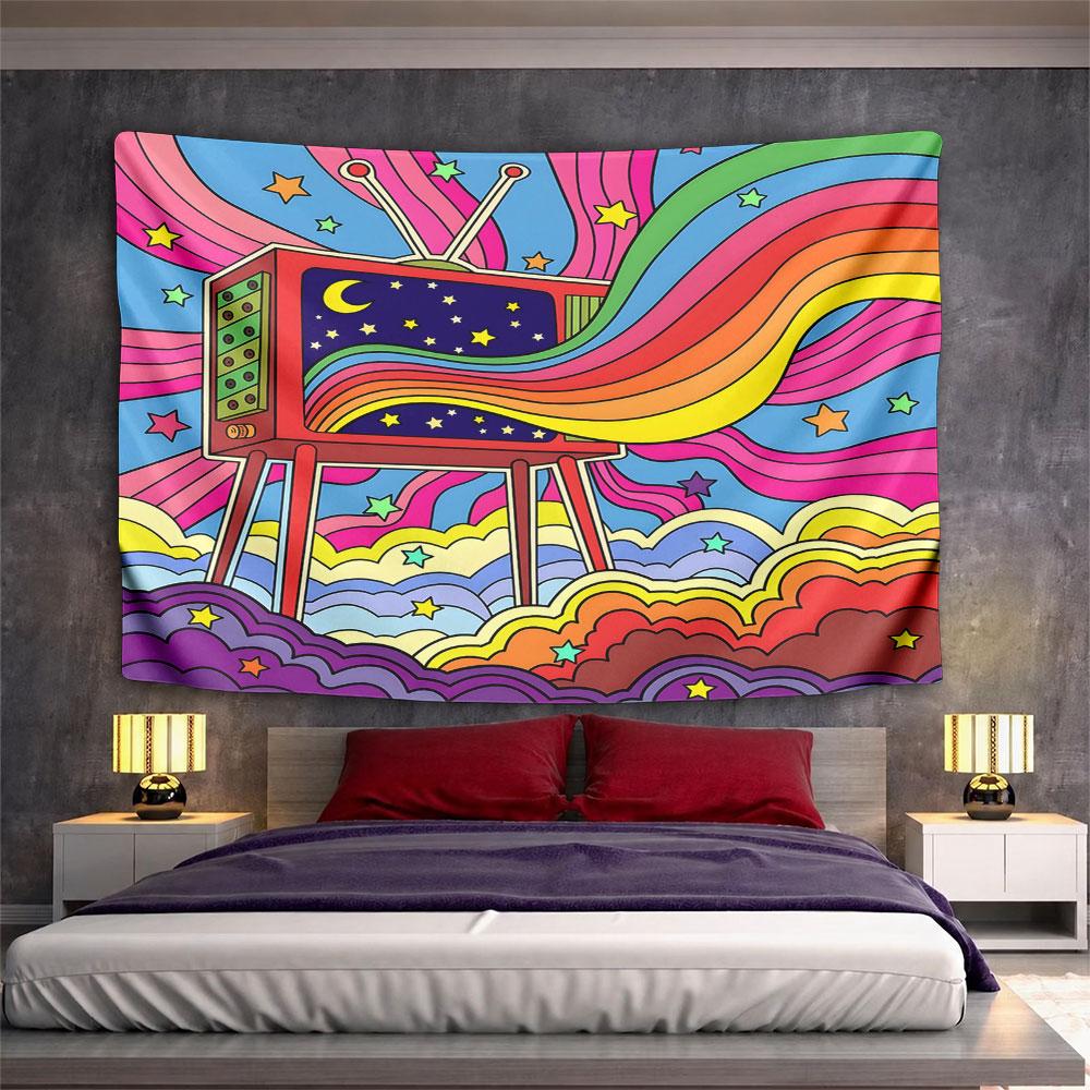 Retro TV with Rainbow and Stars Pattern Wall Hanging Tapestry Decorative Tapestry Home Decor for Bedroom and Living Room
